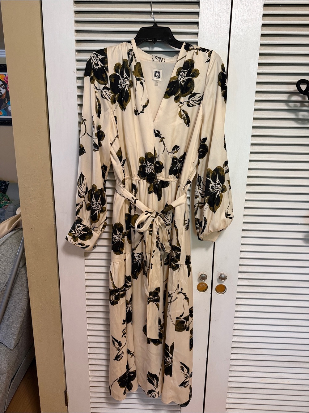 Anne Klein Cream Maxi Dress with Black & Olive Floral Print